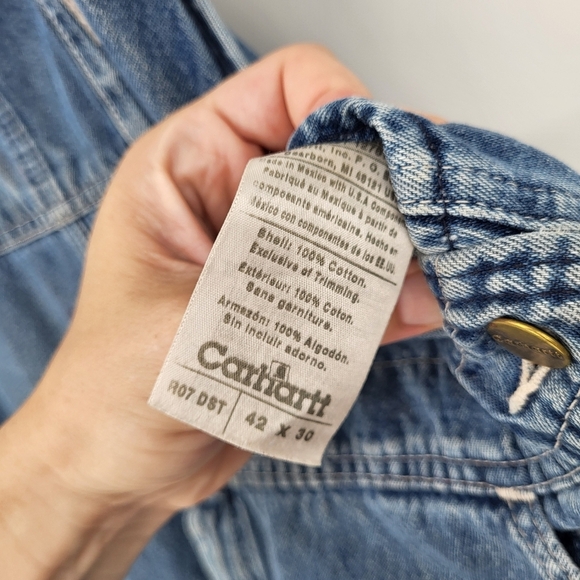 Vintage 90s Carhartt Loose Fit Denim Overalls Work Worn Distressed Blue 42 x 30 - Picture 2 of 15